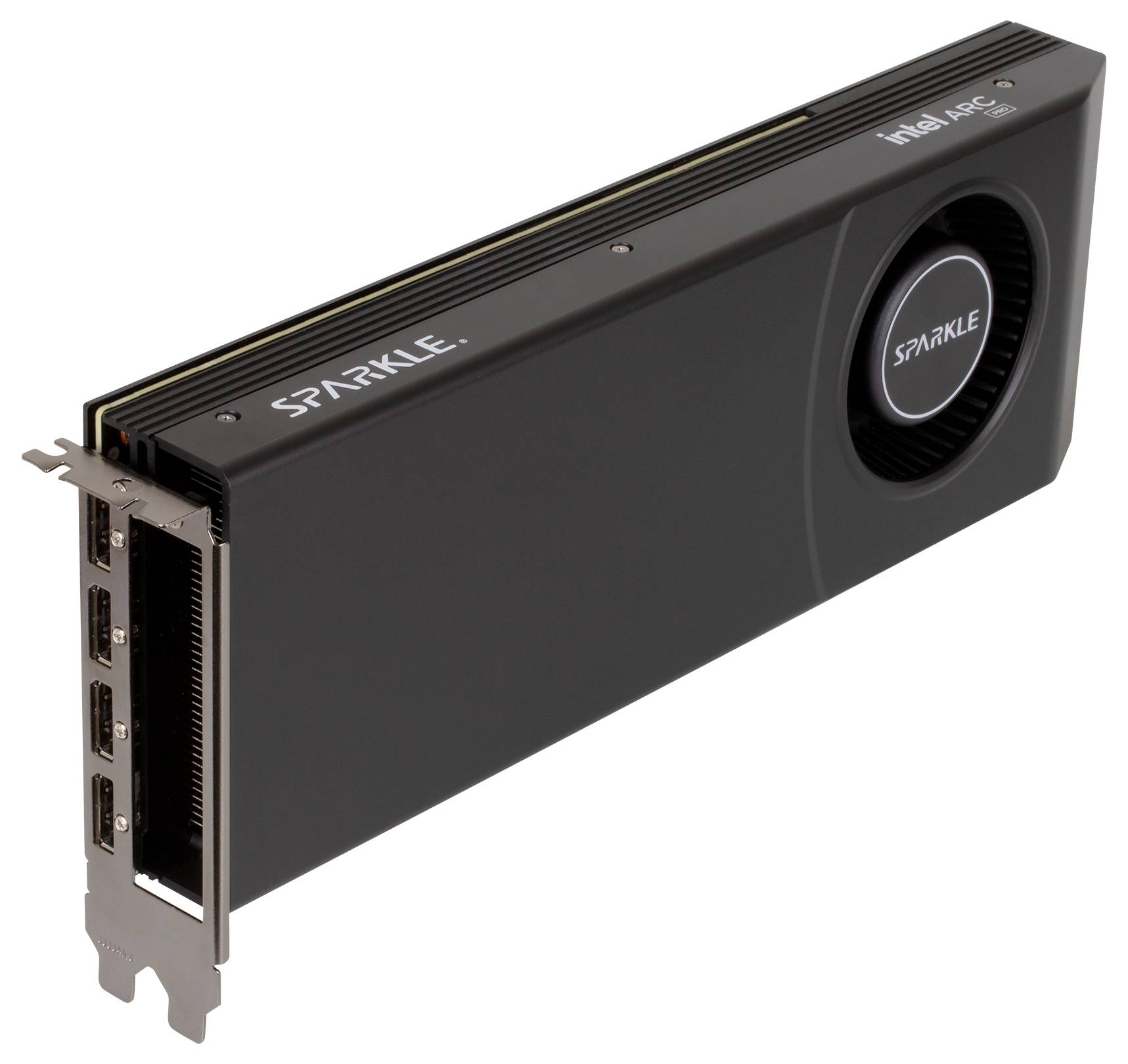 Fekete Sparkle Intel ARC grafikus kártya hűtőventilátor és fém konzol, fehér háttéren bemutatva.