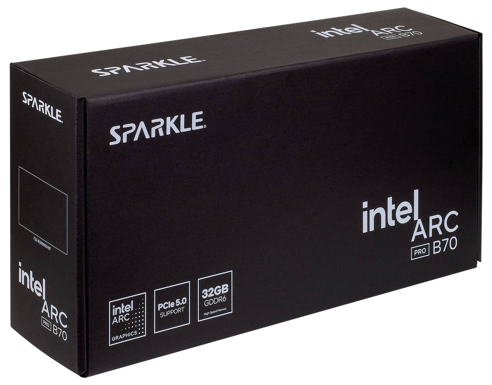 Black Sparkle retail doboz az Intel Arc Pro B70 grafikus kártyához, amely a márkázást, a PCIe 5.0 támogatást és a 32GB GDDR6 memóriát mutatja a csomagoláson.