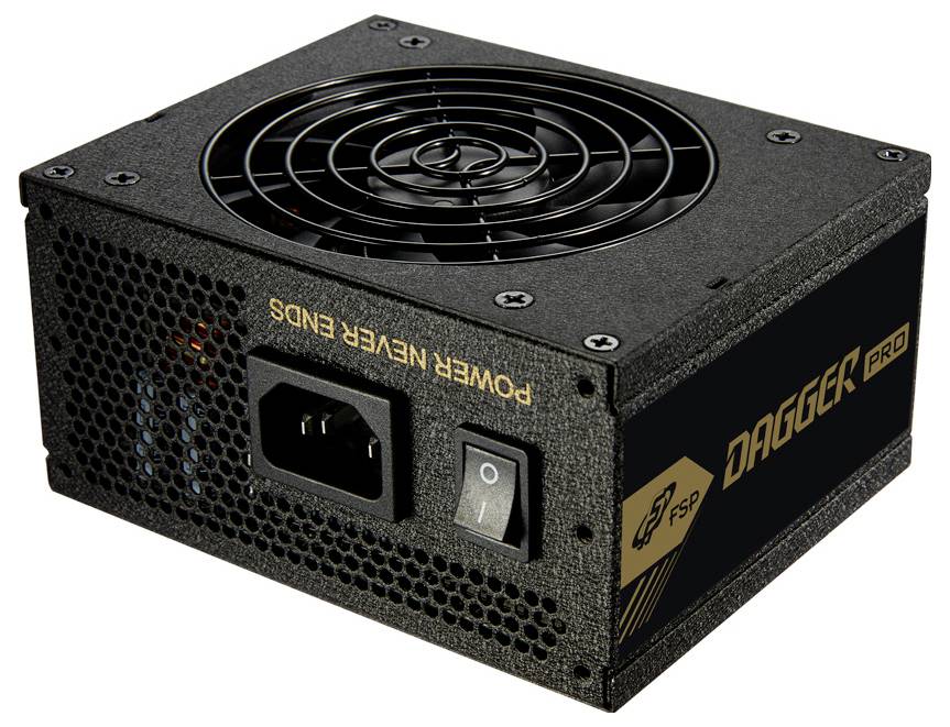 Fekete PC tápegység hűtőventilátor, AC-tápcsatlakozó és be/ki kapcsoló; 'POWER NEVER ENDS' és 'DAEGOCK PRO' feliratokkal.