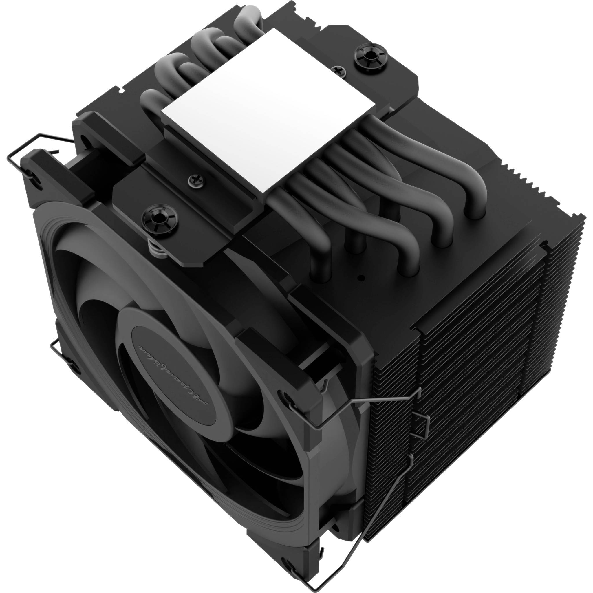 Számítógép CPU hűtő ventilátor és hőcsatornákkal, fekete hűtőborda szerelvényen, fehér háttéren.