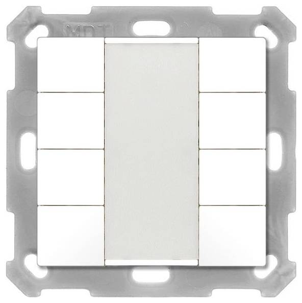 Fehér moduláris fallemez központi üres billenő stílusú betéttel és több üres oldalsó gombbal, fém szerelési keretben megjelenítve.