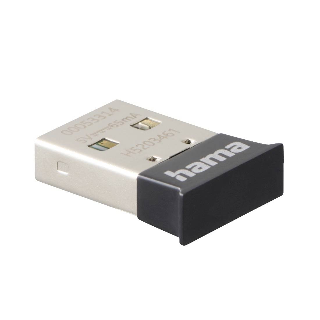 Egy Hama USB vezeték nélküli adapter dongle közeli képe fehér háttéren, amely a kompakt bedugható eszközt mutatja.
