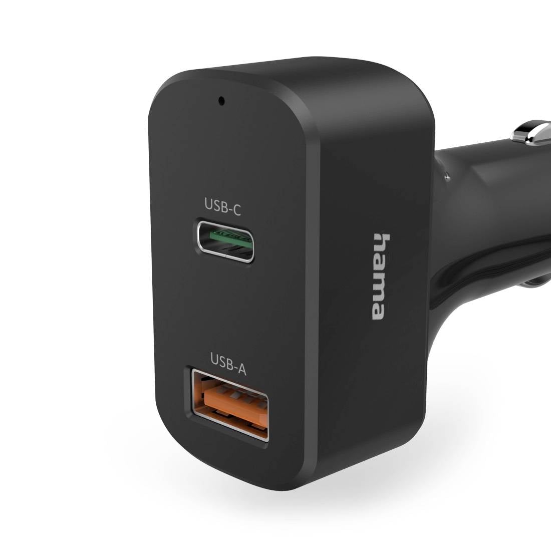 Fekete Hama autós töltő két porttal, USB-C és USB-A, fehér háttéren megjelenítve.