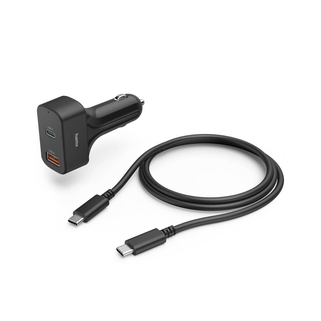 USB-C autós töltő két kimeneti porttal és egy USB-C töltőkábellel fehér háttéren.