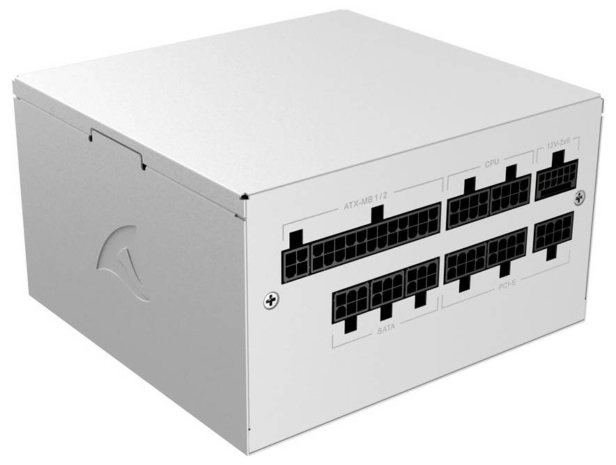 Ezüstszínű számítógépes tápegység moduláris kábel portokkal, amelyek az elülső panelen ATX-MB, CPU, PCI-E és SATA felirattal vannak ellátva.