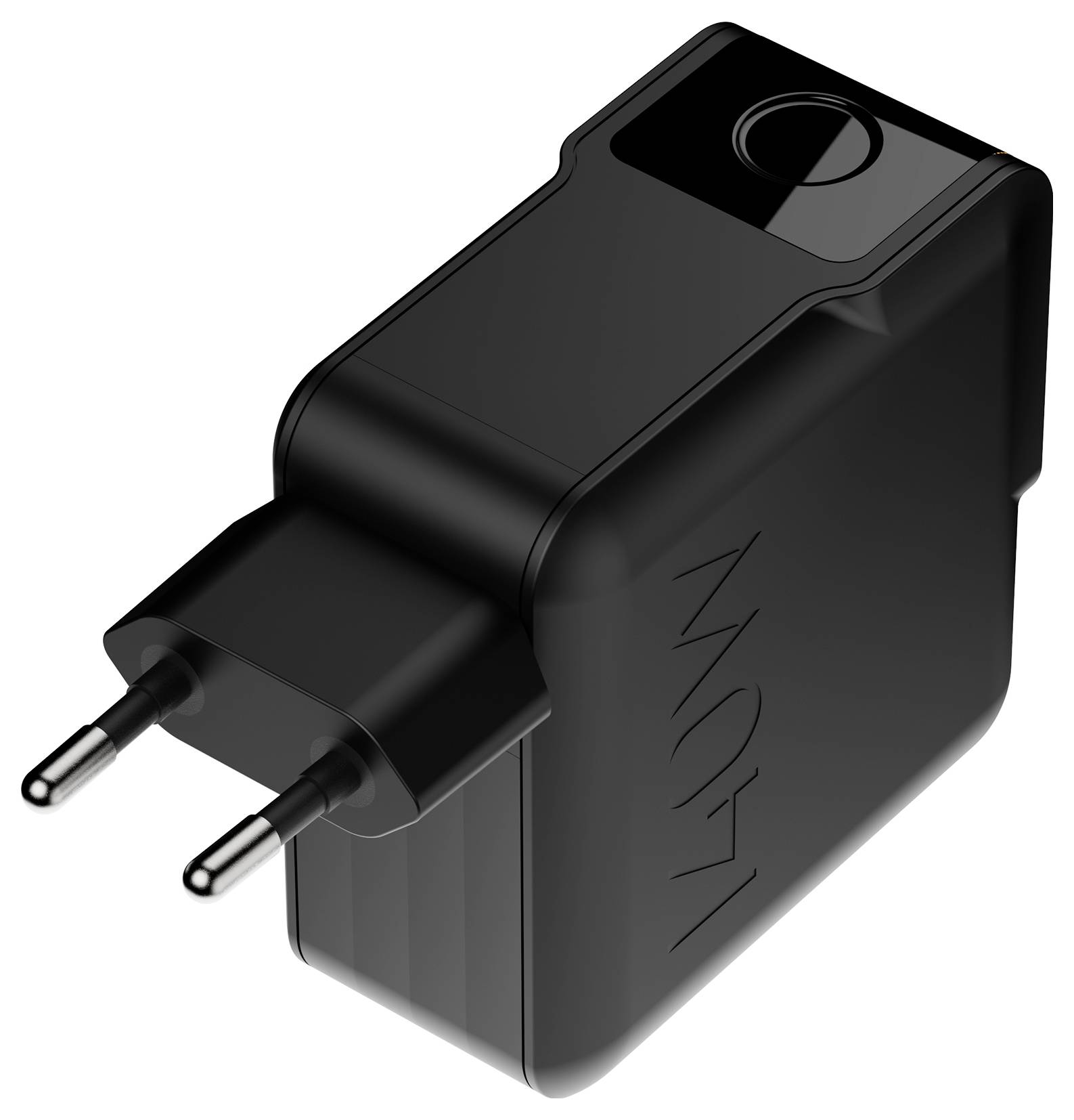 Fekete, kétágú fali tápegység adapter töltő USB porttal a tetején, fehér háttéren izolálva megjelenítve.