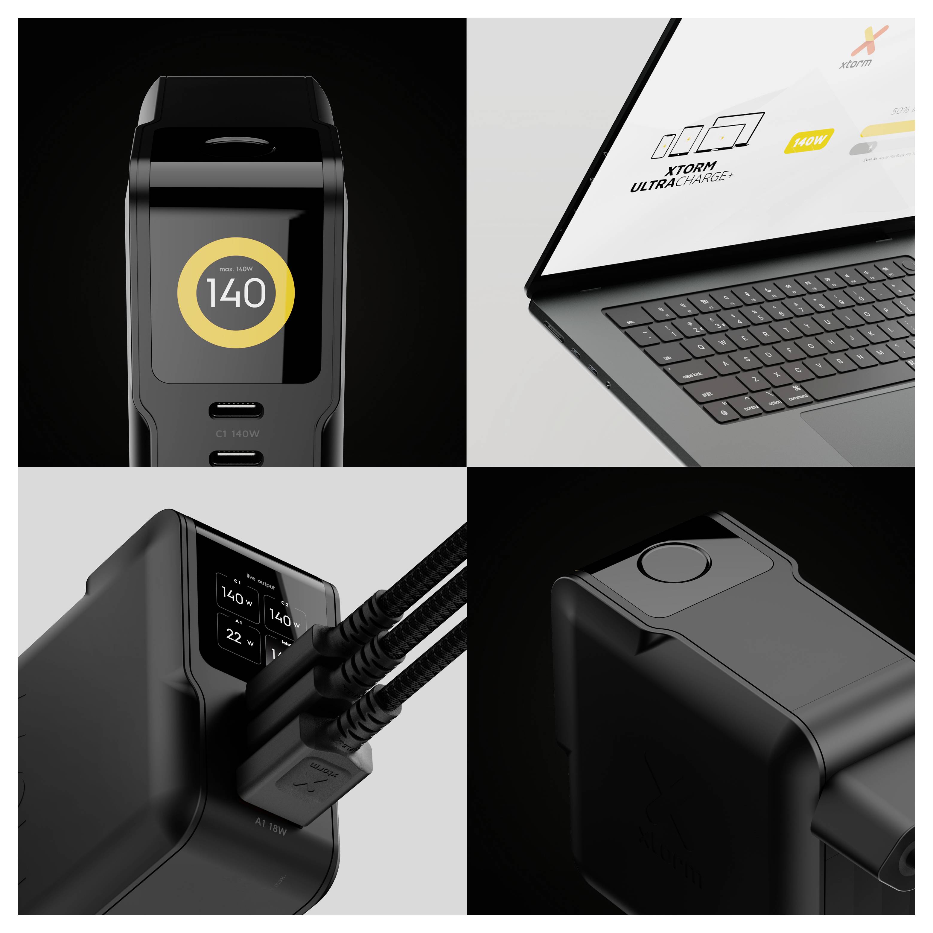 Fekete USB-C töltőhub kollázsja, amely energiaszinteket jelenít meg, laptophoz csatlakoztatva, több töltési port használatban.