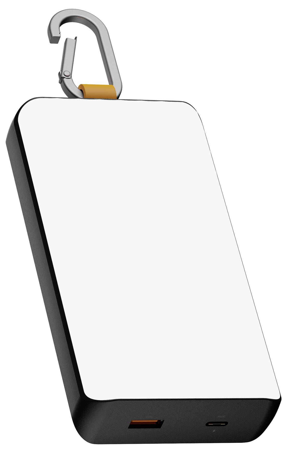 Hordozható powerbank karabinerrögzítéssel és üres fehér elülső panellel, kis szögben megjelenítve.