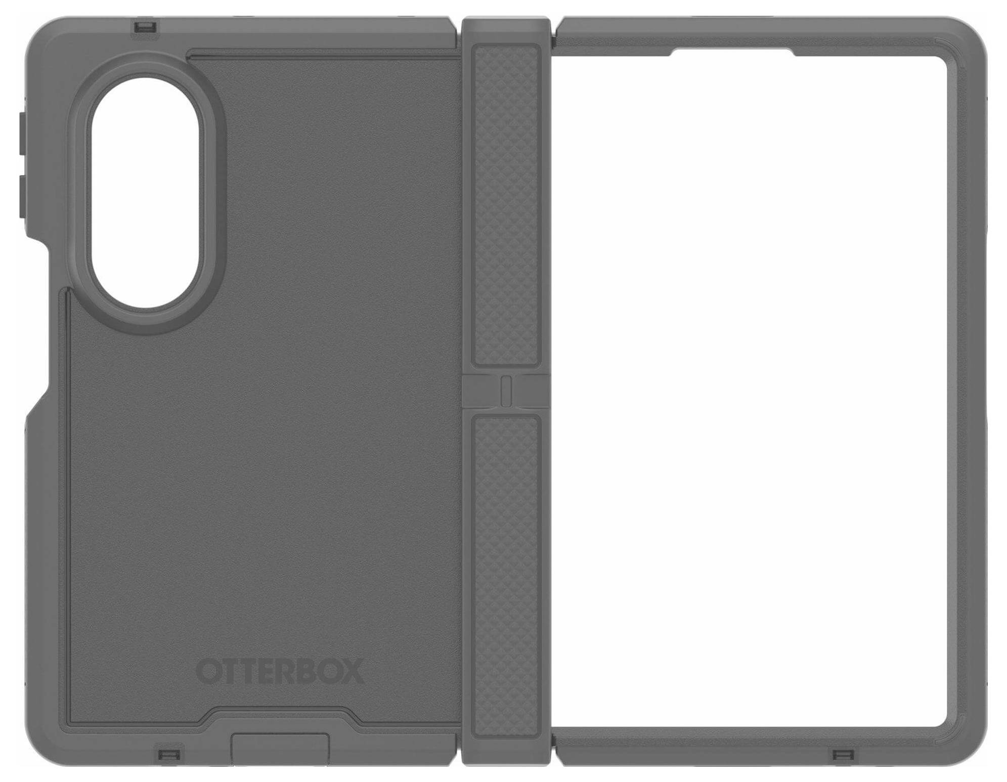 Szürke, masszív OtterBox táblagéptokok nyitott állapotban, hátoldali kameranyílással és összehajtható előlappal.