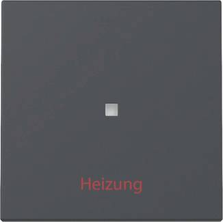 Sötétszürke négyzet alakú falba építhető kapcsoló, amelyen a "Heizung" (Fűtés) felirat látható, és egy kis középső jelzőfény található.