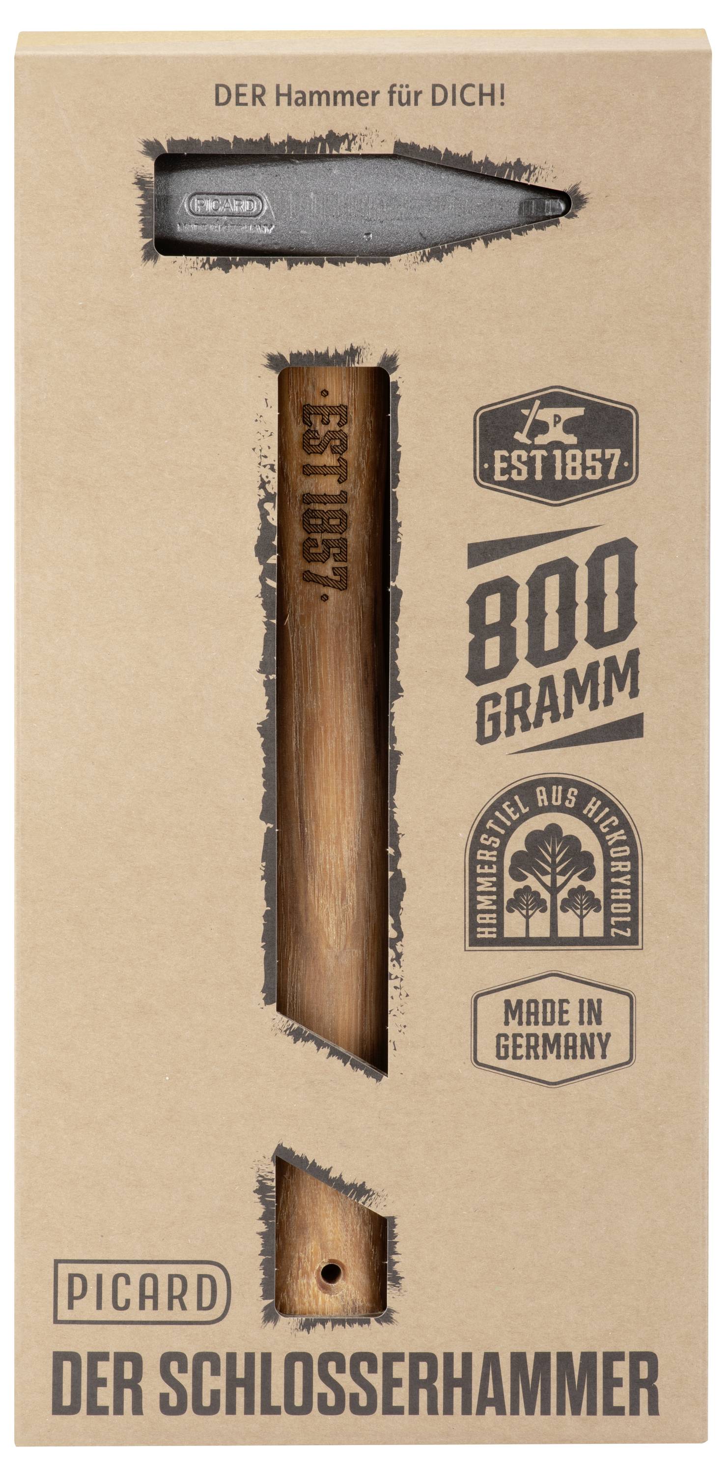 A „DER SCHLOSSERHAMMER" csomagolása, amely egy kalapácsfejt és nyelet ábrázol, „800 GRAMM", „MADE IN GERMANY" felirattal és Picard márkajelöléssel.