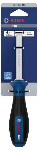 Bosch PRO csavarhúzó kék-fekete fogantyúval, kiskereskedelmi akasztókarton csomagoláson, 6,3 mm-re és max. 21 Nm nyomatékra jelölt.