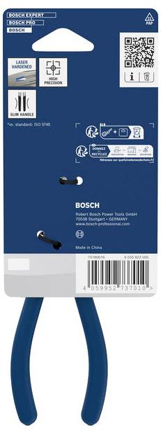 Bosch professzionális fogók termékcsomagolása, kék kártya QR-kóddal, termékikonok és az alján látható akasztható fogók.