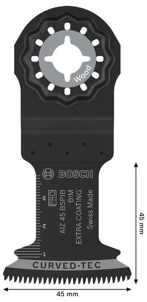 Bosch CURVED-TEC oszcilláló fűrészlap, 45 mm széles és 45 mm hosszú, finom fogakkal fa vágásához.
