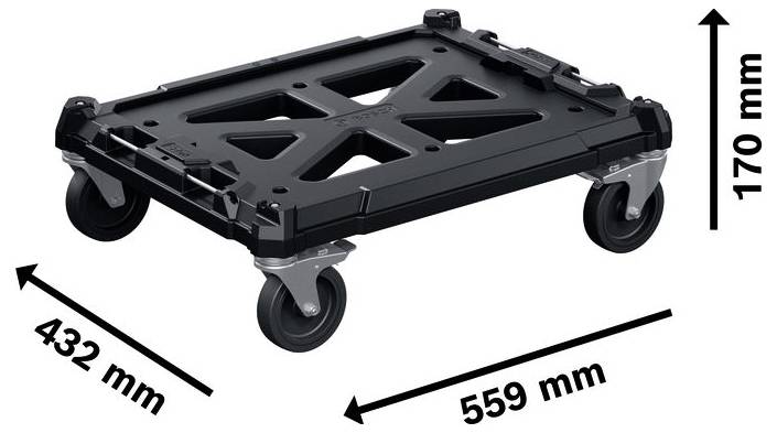 Fekete kerekű szállítóplatform négy görgővel, méretei: 559 mm hosszú, 432 mm széles, 170 mm magas.