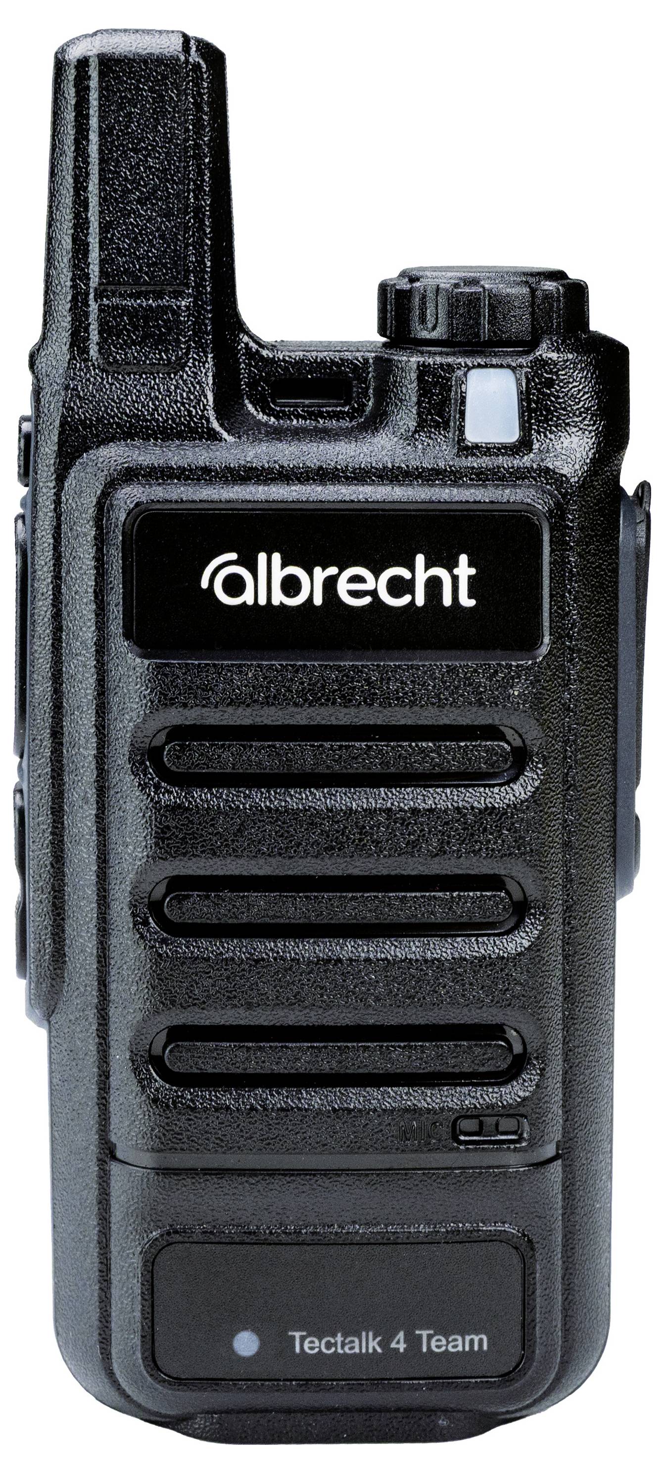 Black Albrecht Teclalk 4 Team kézi kétirányú rádió antennával és oldalsó vezérlőelemekkel, fehér háttéren megjelenítve.