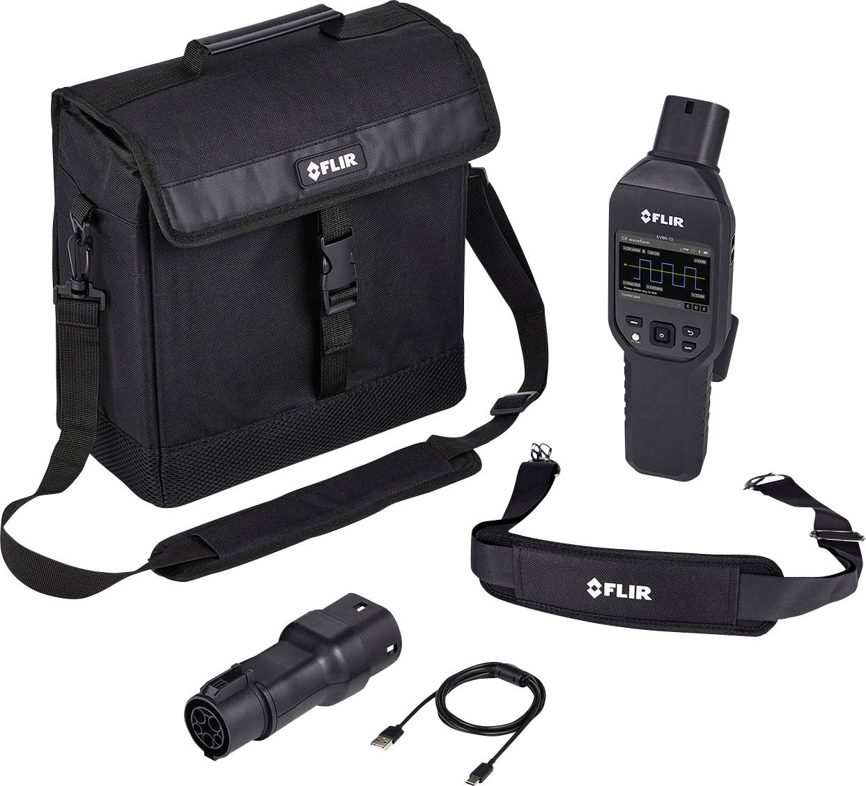 FLIR kézi inspekciós kamerakészlet hordtáskával, szíjjal, levehető szenszorral és USB-kábellel fehér háttéren.