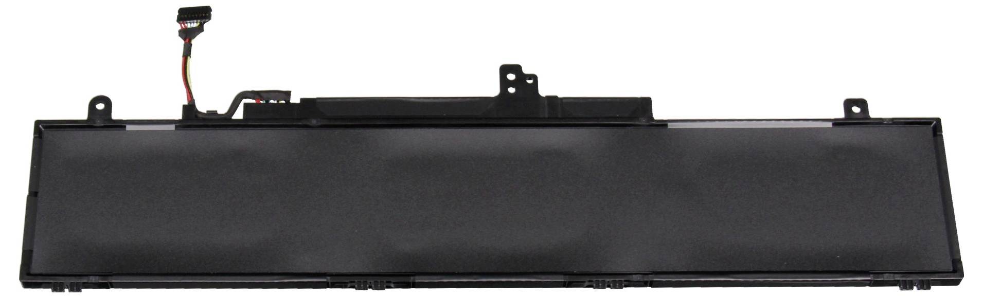 Fekete téglalap alakú laptop akkumulátor csomag, csatlakozóval és szerelési füllekkel, fehér háttéren izoláltan megjelenítve.