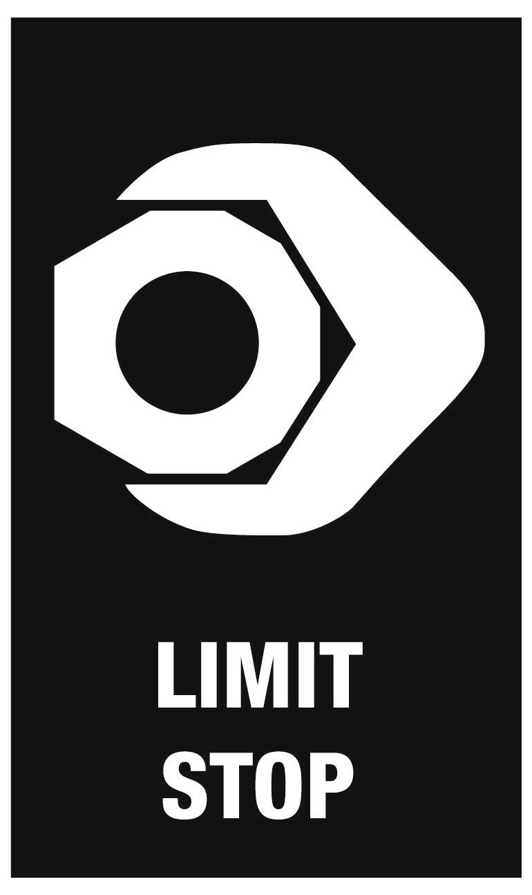 Fekete tábla fehér nyolcszögletű szimbólummal és az alatta lévő „LIMIT STOP" szavakkal.