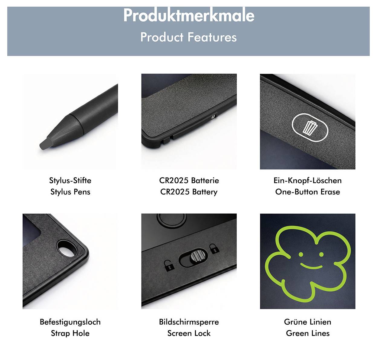 Termékjellemzések infografika egy stylus tollal, amely CR2025 elemmel működik, egy gombos törlés funkcióval, pánt-furattal, képernyő-zárolással és zöld vonalrajzolási képességgel rendelkezik.