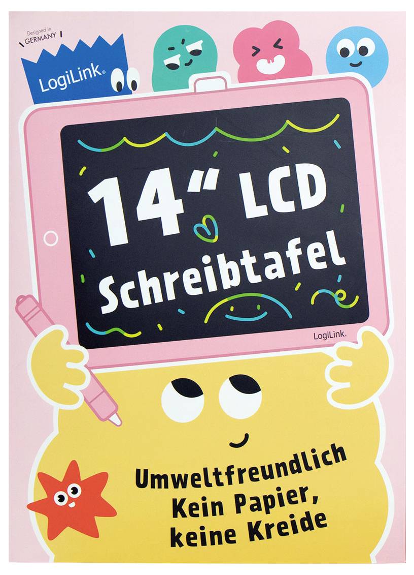 Egy rózsaszín-sárga "14"-os LCD" írótábla illusztrációja rajzfilmfigurákkal, amelyen a "Umweltfreundlich Kein Papier, keine Kreide" felirat és a "LogiLink" márkanév látható.