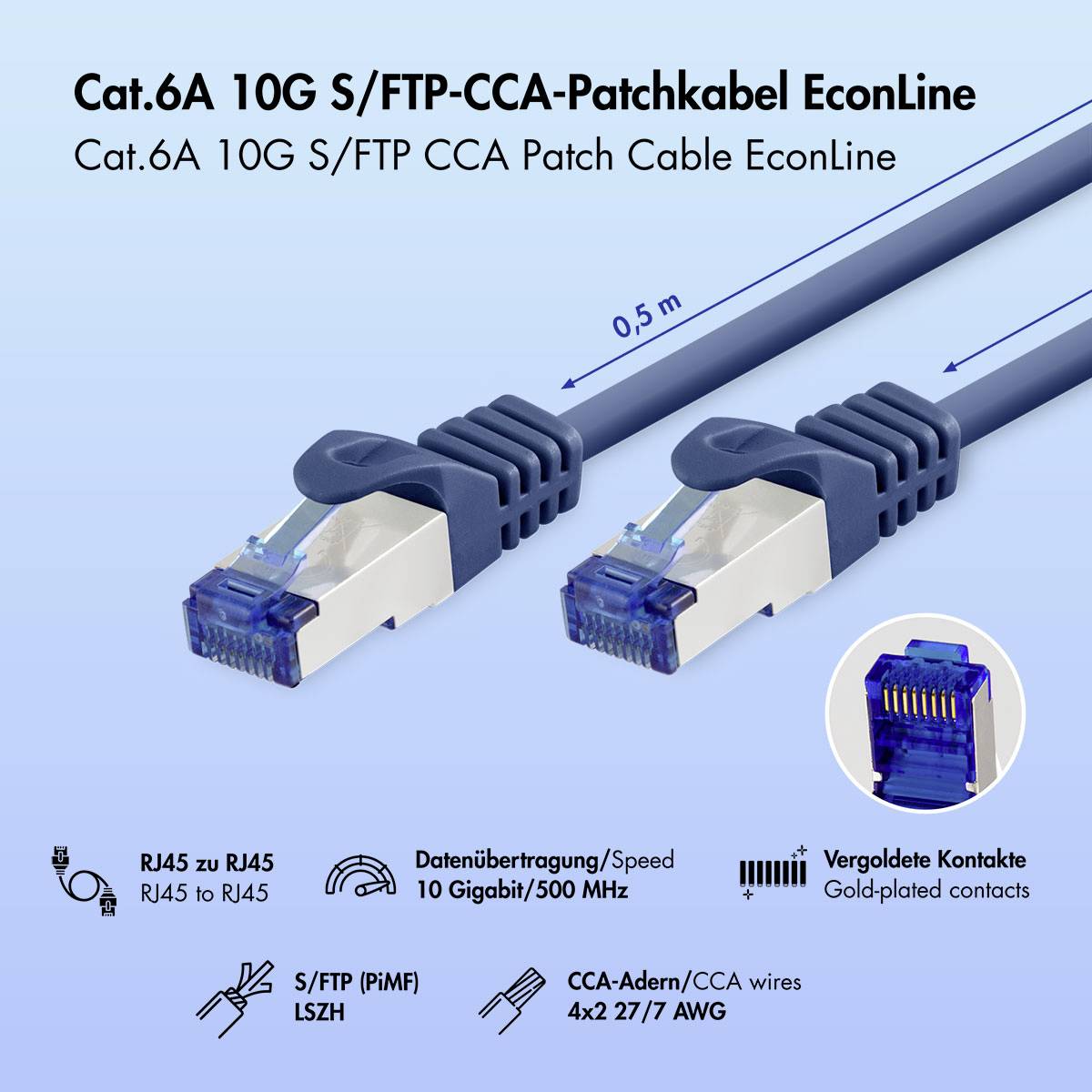 Egy Cat.6A 10G S/FTP CCA javítókábel terméképe, 0,5 m hosszú, RJ45 csatlakozókkal és arannyal bevont érintkezőkkel; ikonok jelölik a 10 Gbit/s és 500 MHz paramétereket.
