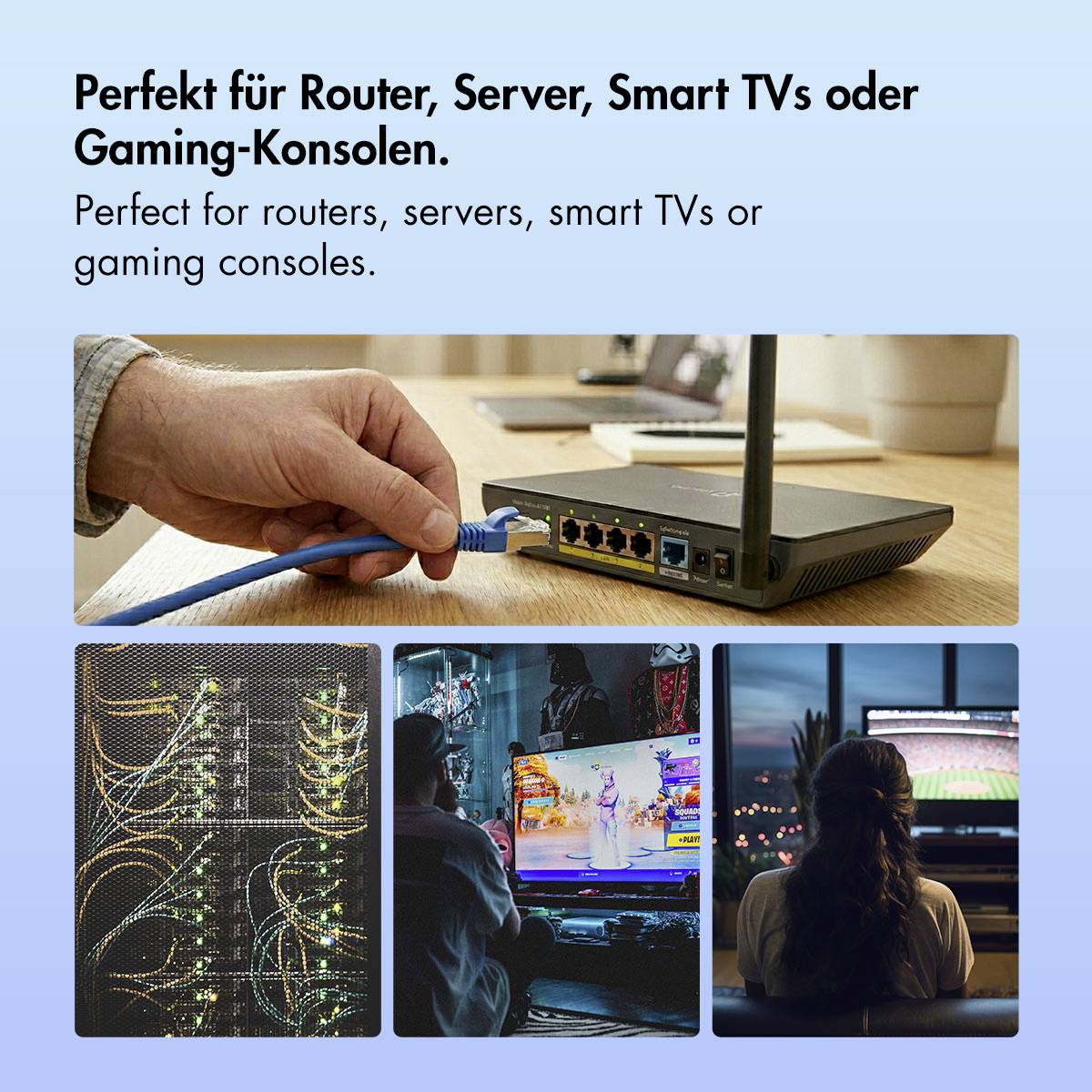 Ethernet-kábel hirdetés: egy kéz csatlakozik egy routerhez, a szöveg szerint "Tökéletes routerekhez, szerverekhez, okos TV-khez vagy játékkonzolokhoz."