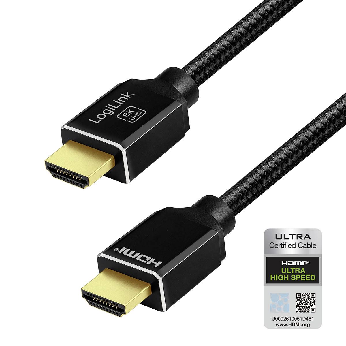 Két fekete fonott HDMI kábel aranyozott csatlakozókkal, fehér háttéren megjelenítve, "LogiLink" és "Ultra Certified Cable" feliratokkal, HDMI Ultra High Speed márkajelöléssel.