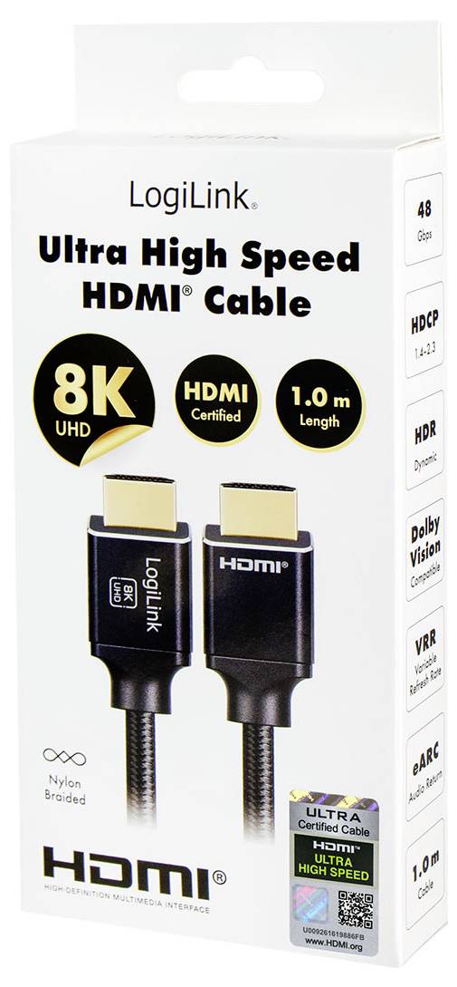 LogiLink Ultra High Speed HDMI kábel csomagolása, 8K UHD jelöléssel, HDMI Certified tanúsítvánnyal, 1,0 m hosszúságú, a kábel csatlakozóinak képével.