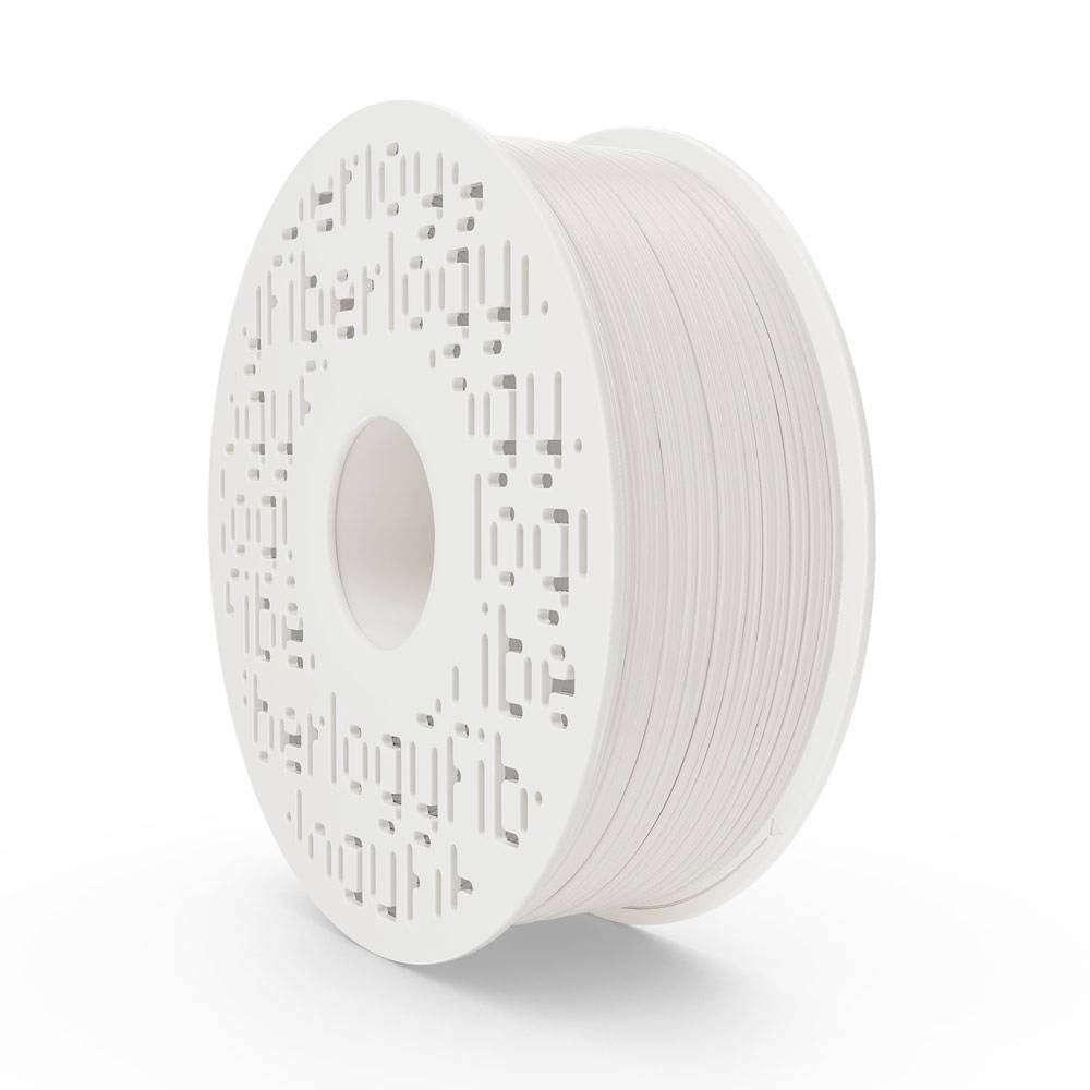 Fehér 3D nyomtatófilament-tekercs mintázatos elülső felülettel tiszta fehér háttéren.