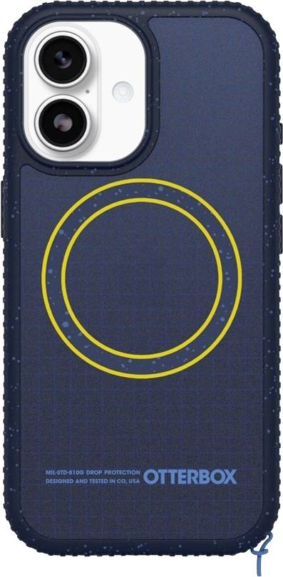 Kék OtterBox iPhone tok MagSafe stílusú sárga igazítási gyűrűkkel és kettős kamera kivágással.