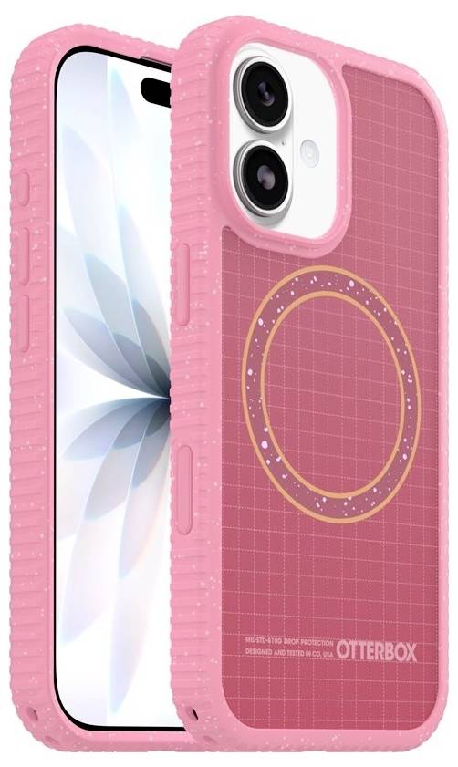Rózsaszín OtterBox telefontok iPhone-on, MagSafe-szerű kerek gyűrűvel és kettős kameranyílással.