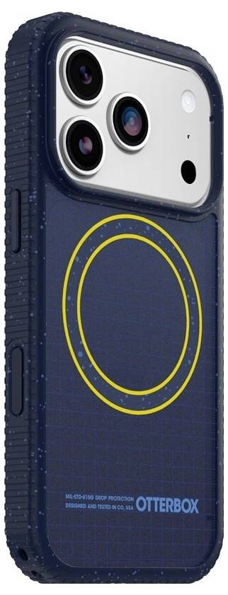 Kék OtterBox okostelefon-tok hármas kamera-kivágással és sárga MagSafe stílusú gyűrűvel a hátoldalon.
