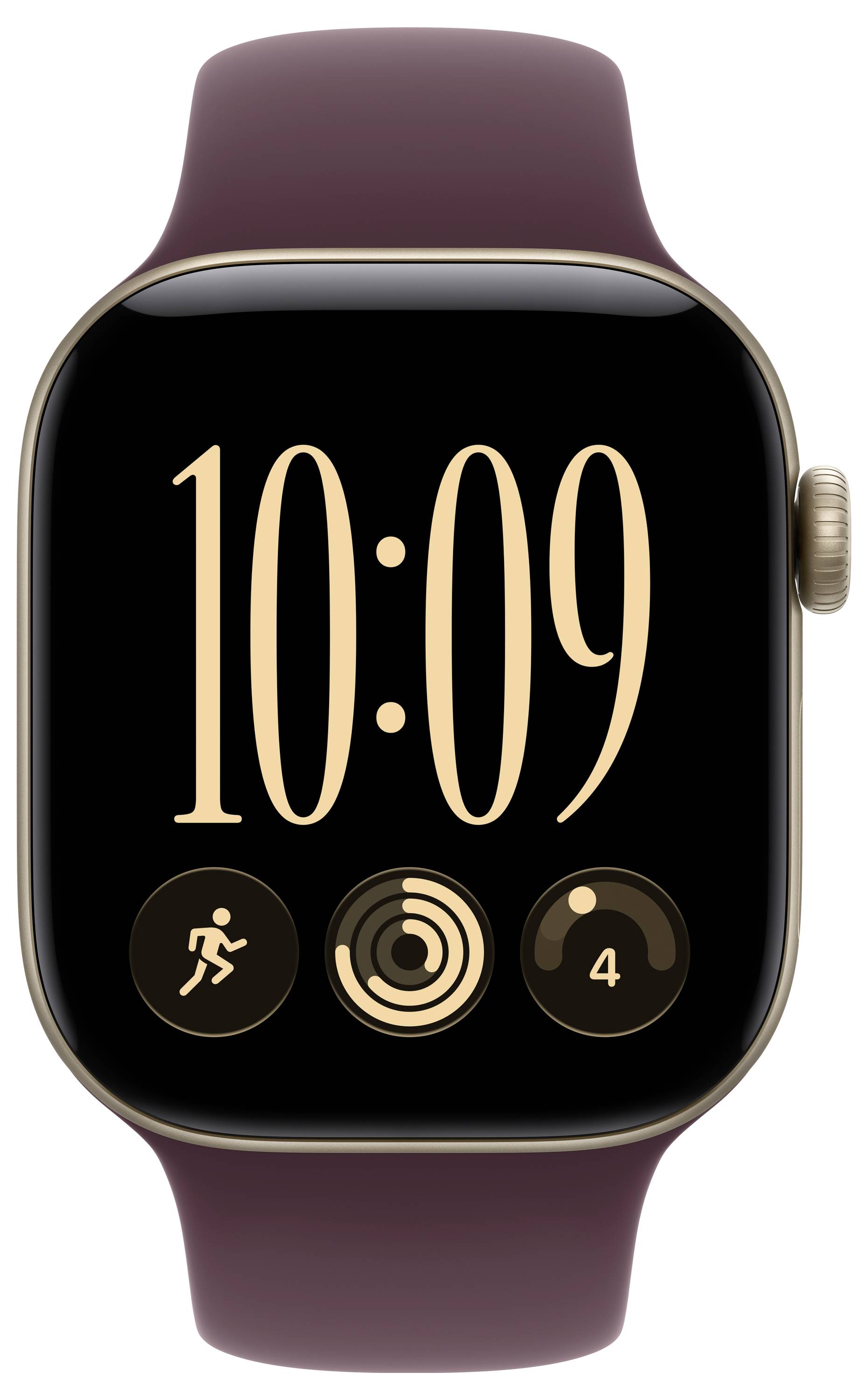 Apple Watch, sötét képernyővel, amely 10:09-et mutat, lila szíjjal, és három kör alakú aktivitás ikon van alul.