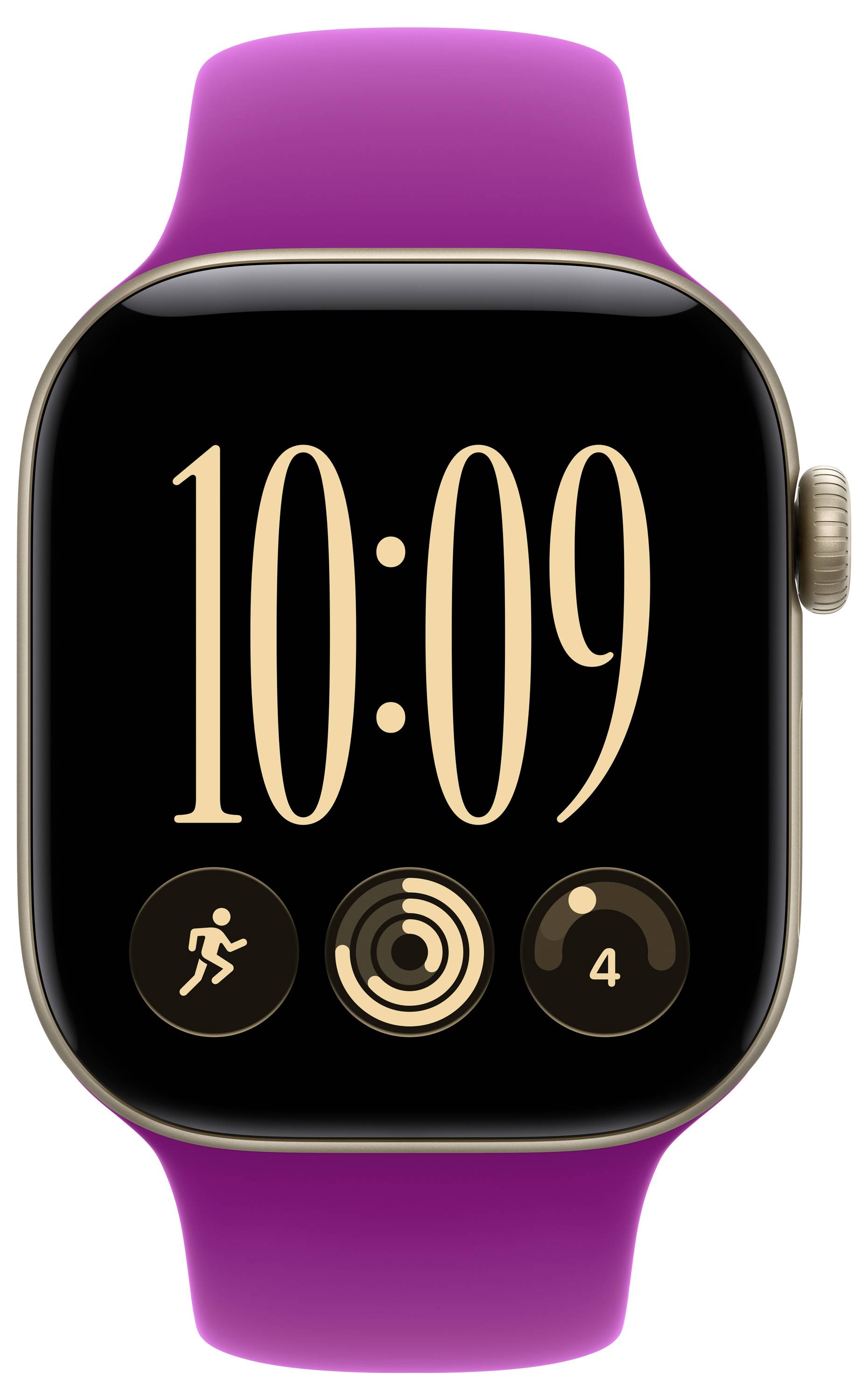 Apple Watch lila szíjjal, amely 10:09-et jelenít meg, és három körkörös edzés-/aktivitásindikátor látható a képernyőn.