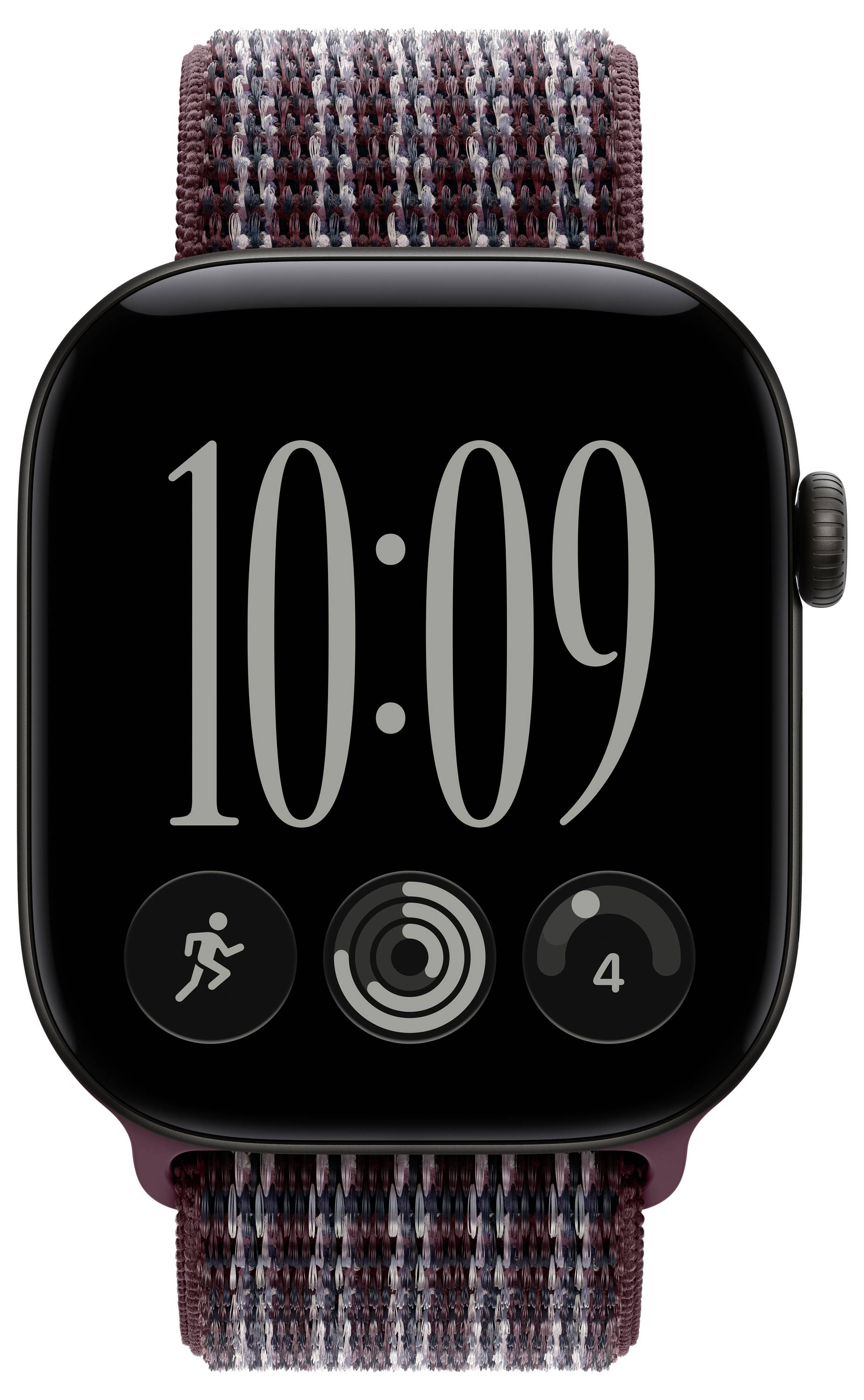 Az Apple Watch 10:09-et mutat, három kerek aktivitás widgettel és egy szőtt multicolor szíjjal.
