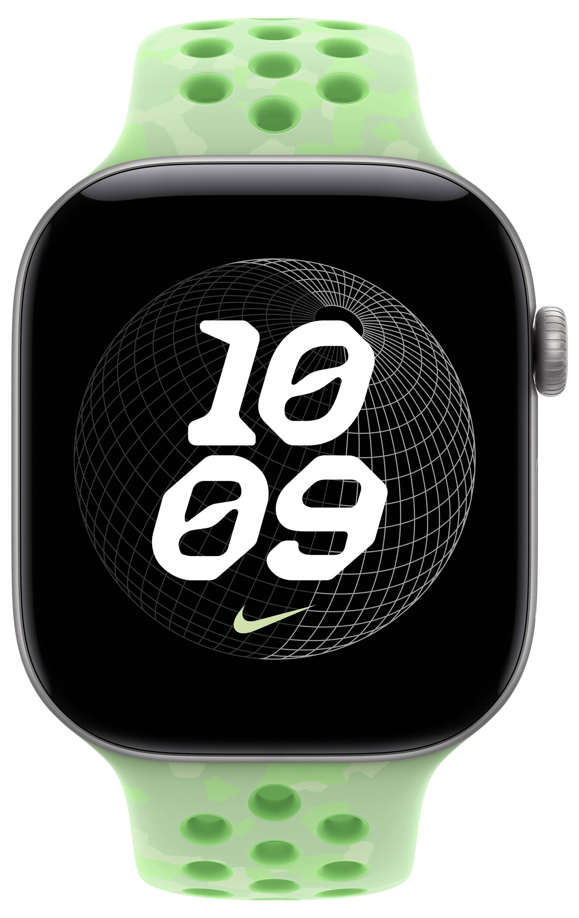 Apple Watch neon zöld sportszíjjal, fekete óralappal, nagy fehér "10 09" időjelzéssel és egy kis Nike swoosh logóval.