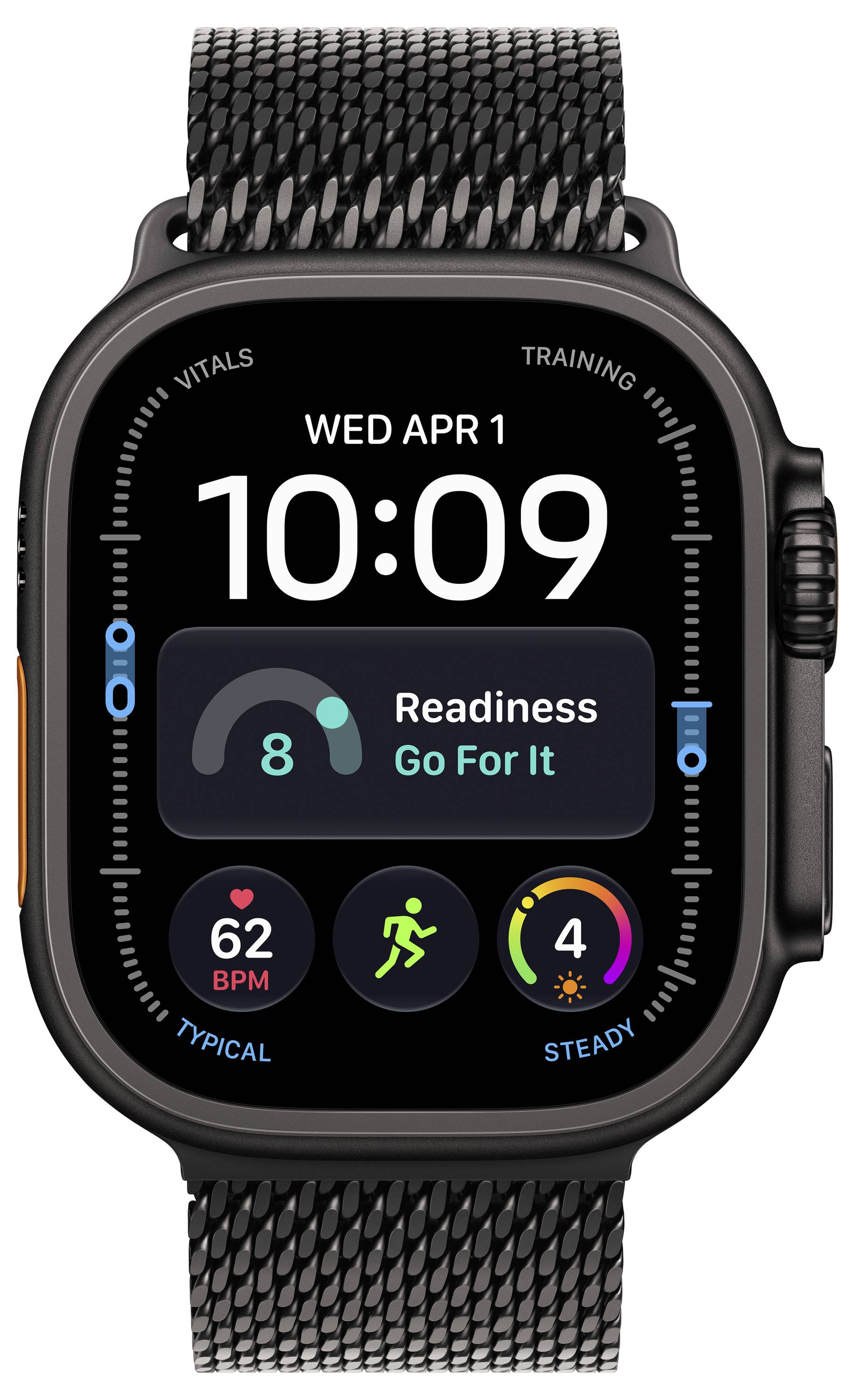 Az Apple Watch 10:09-et mutat, szerdán, április 1-én, az "Hajrá!" készenlét állapottal, 62 ütés/perces pulzussal, valamint aktivitási és alvás/stabilitási mutatókkal.