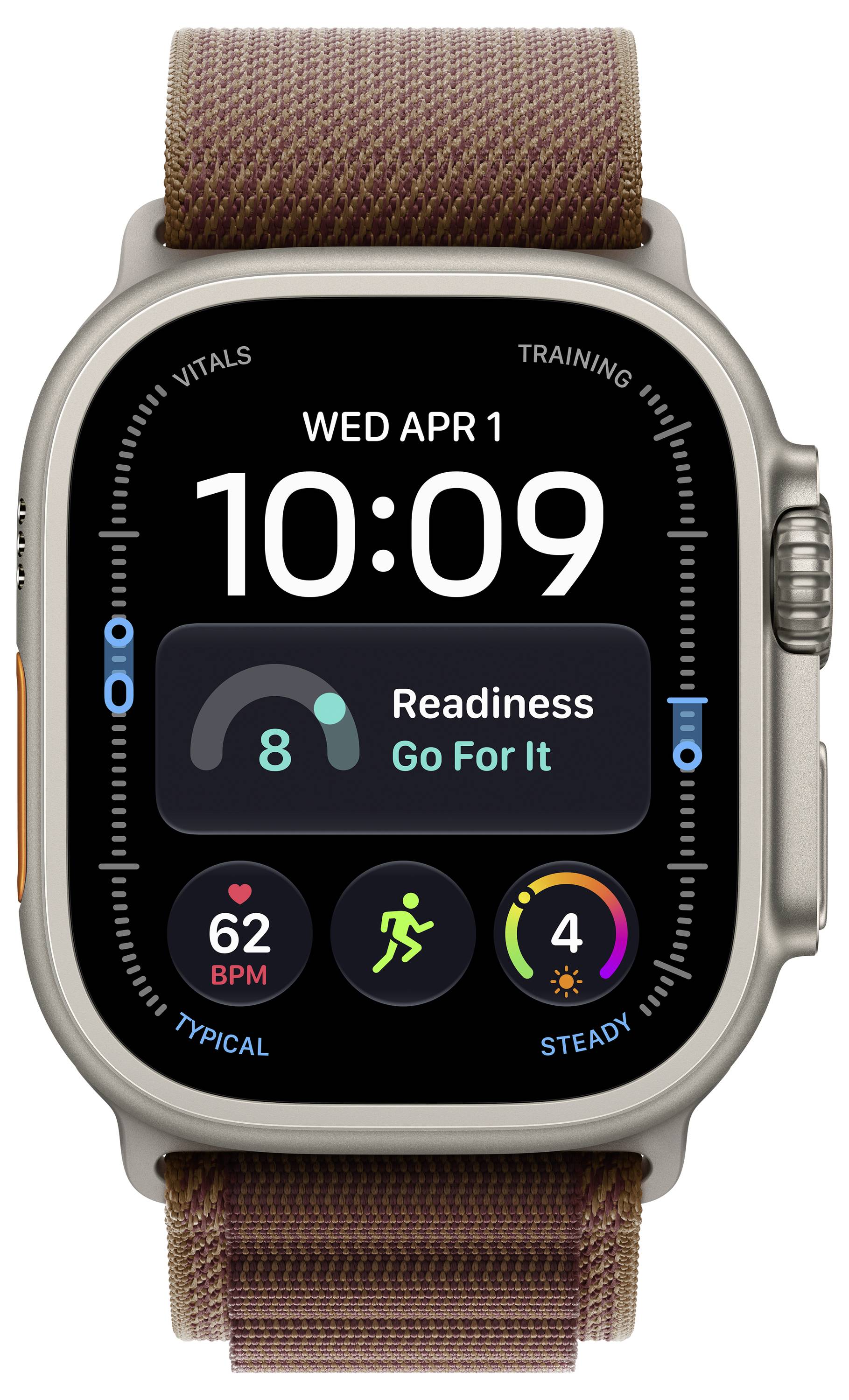 Az Apple Watch 10:09-et mutat szerdán, április 1-én, egy 8-as készültségi pontszámmal és a "Menj Csak!" üzenettel, valamint 62 BPM pulzusszámmal és aktivitási gyűrűkkel.