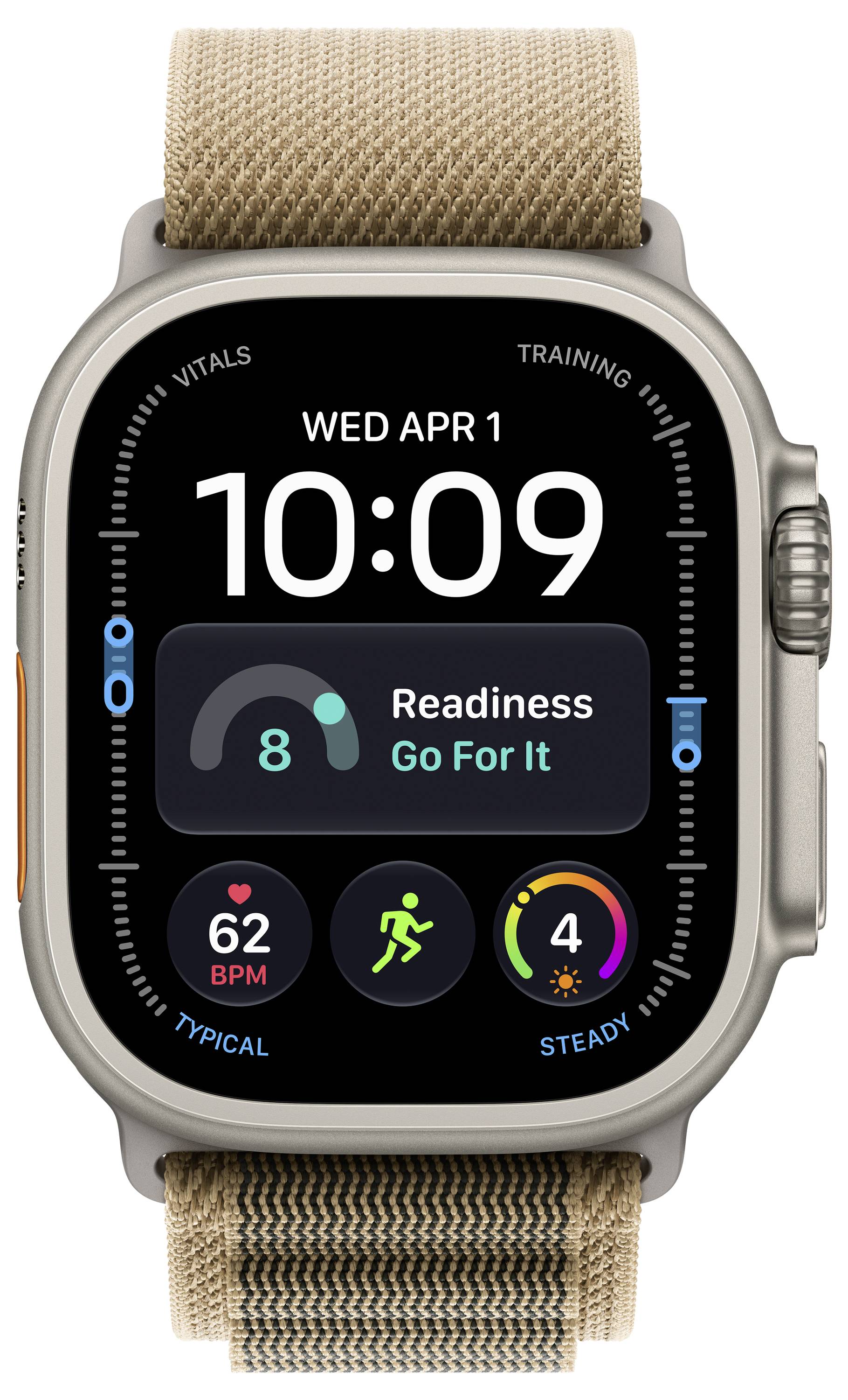 Az Apple Watch képernyője 10:09-et mutat szerdán, április 1-én, egy „Csapj bele!" feliratú készenlét kártyával, valamint szívfrekvencia, aktivitás és akkumulátor stílusú állapotikonokkal.