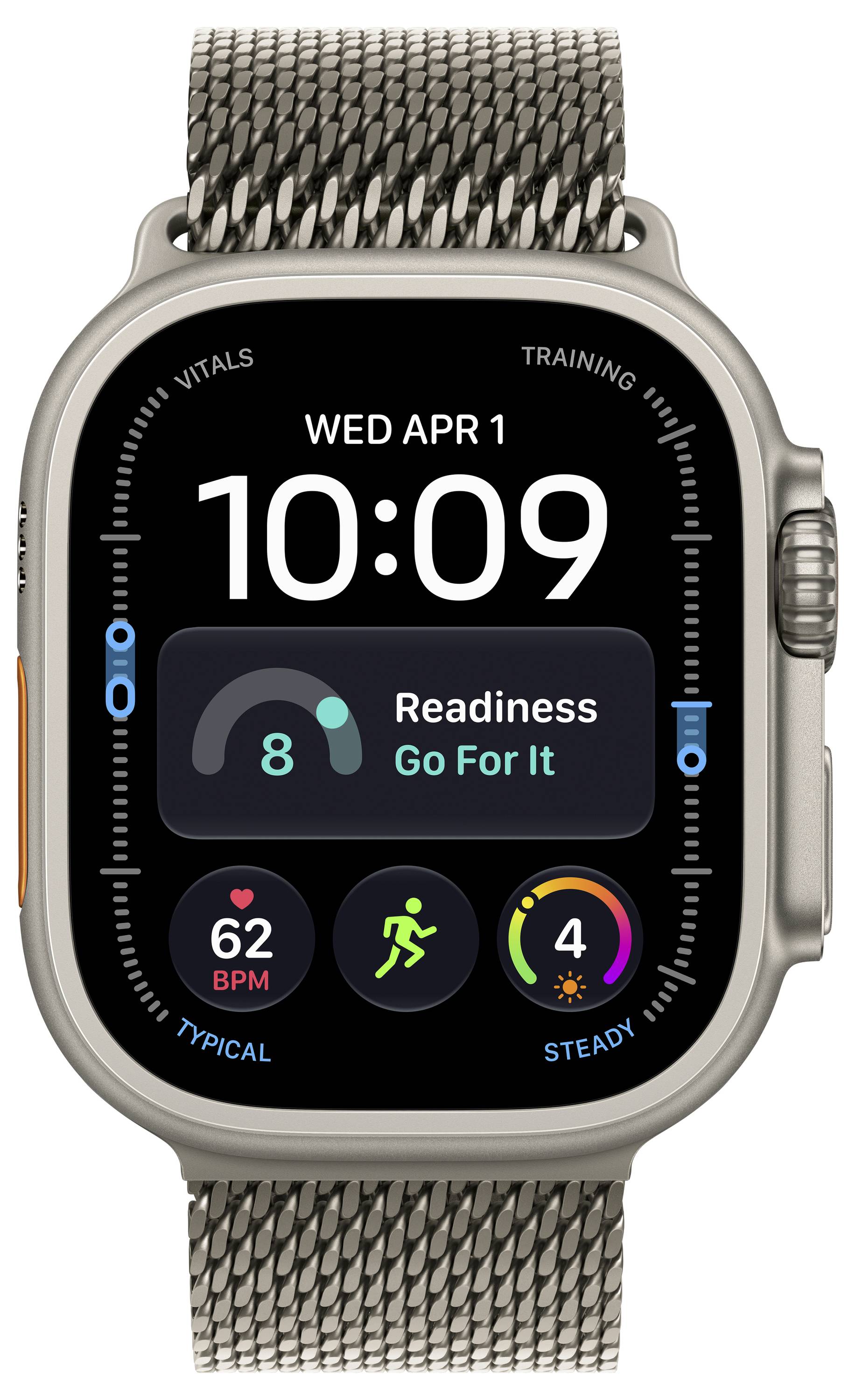 Apple Watch kijelző, amely 10:09-et mutat szerdán, április 1-én, Readiness (Felkészültség) pontszám 8-as értékkel és „Go For It" (Menj Érte) üzenettel, valamint 62 szívverés/perc, aktivitás és alvás állapot ikonokkal.