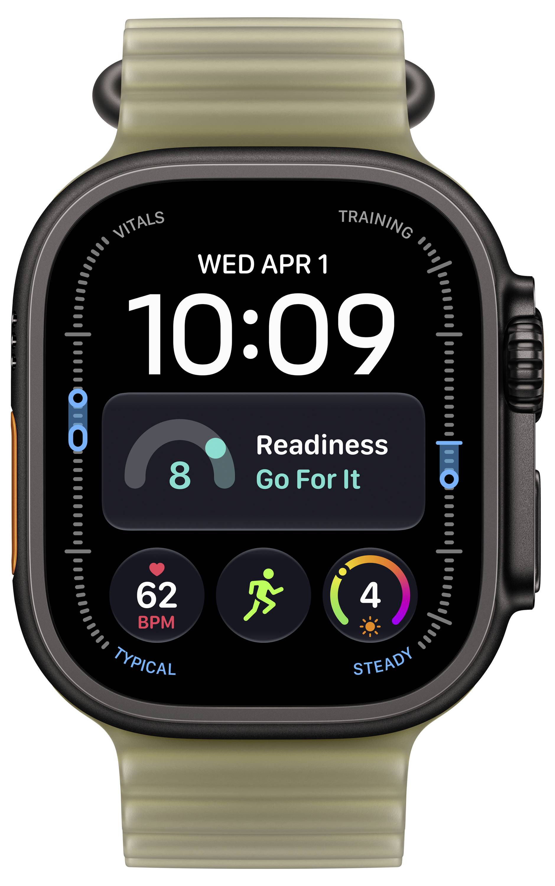 Apple Watch képernyő 10:09-et mutat szerdán, április 1-én, Fitness/Readiness összefoglalóval: "Menj erre!", 62 BPM, aktivitás és stabil mutatók.