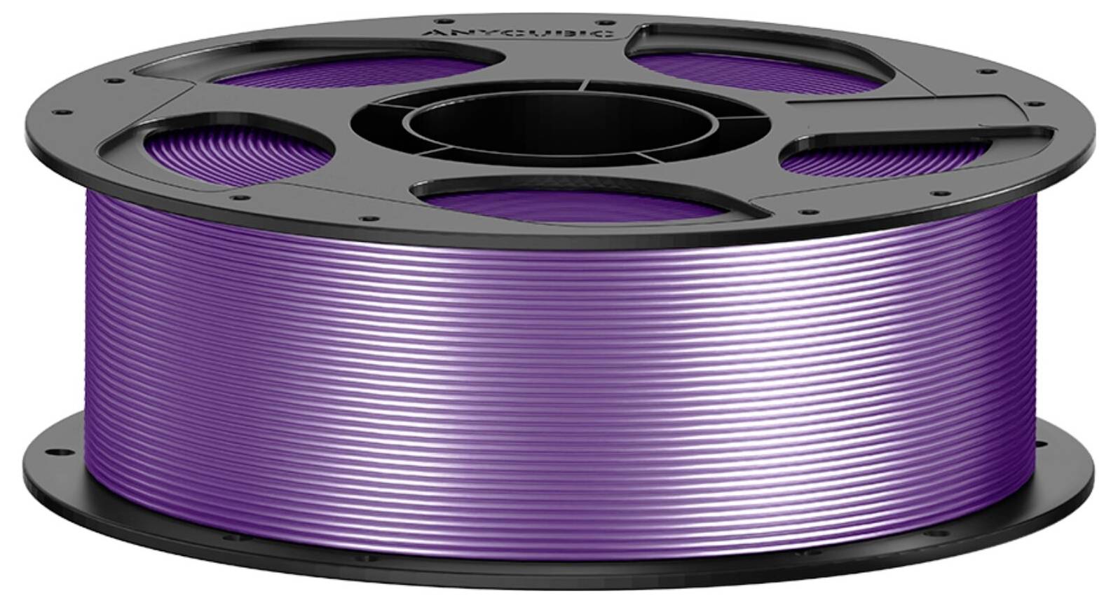 Egy fekete orsón feltekert lila 3D nyomtatási filament tekercs.