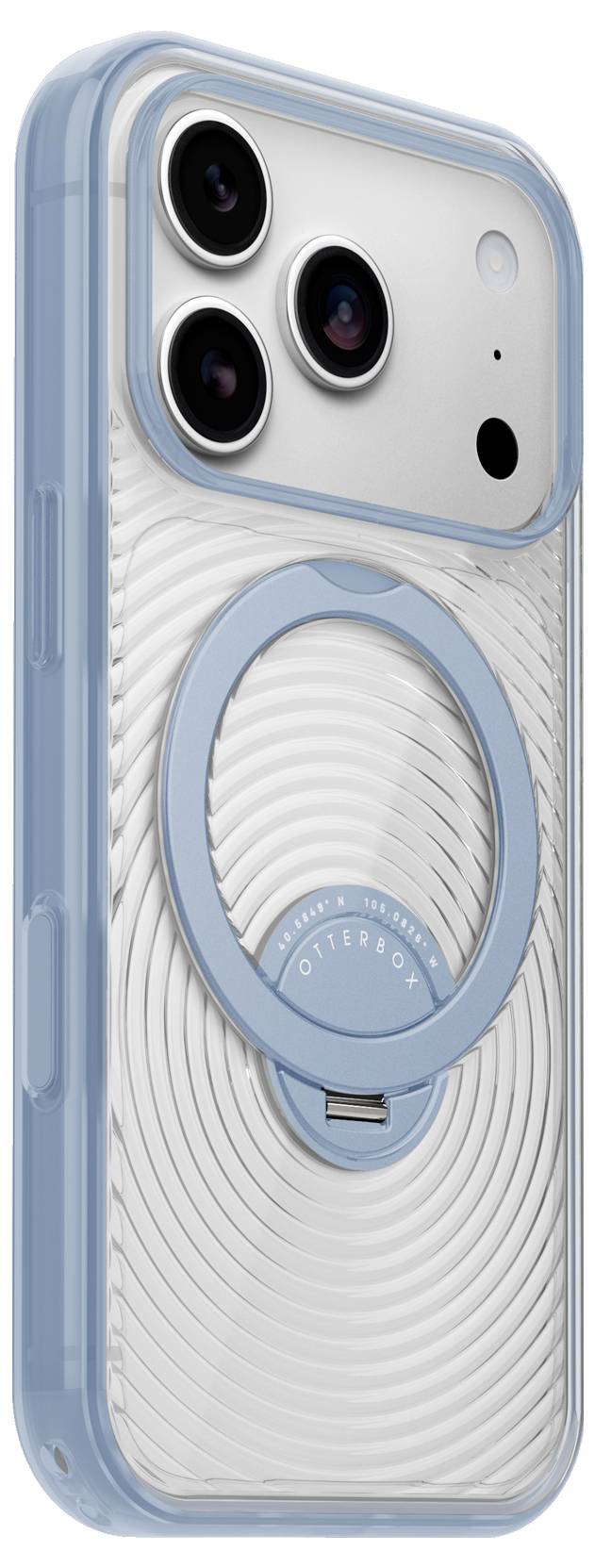 Átlátszó telefontok világoskék MagSafe stílusú gyűrűvel és emelt hármas kameravágással, hátulnézetből.