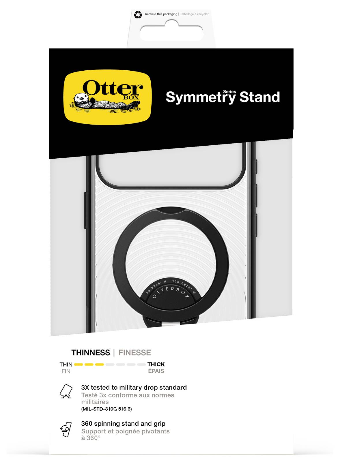 OtterBox Symmetry Stand telefontok csomagolása, amely megjeleníti a beépített gyűrűs állvánnyal ellátott tokot és a „VÉKONYSÁG | ELEGANCIA" szöveget, valamint a katonai szintű esésből való védelmet biztosító funkciókat.