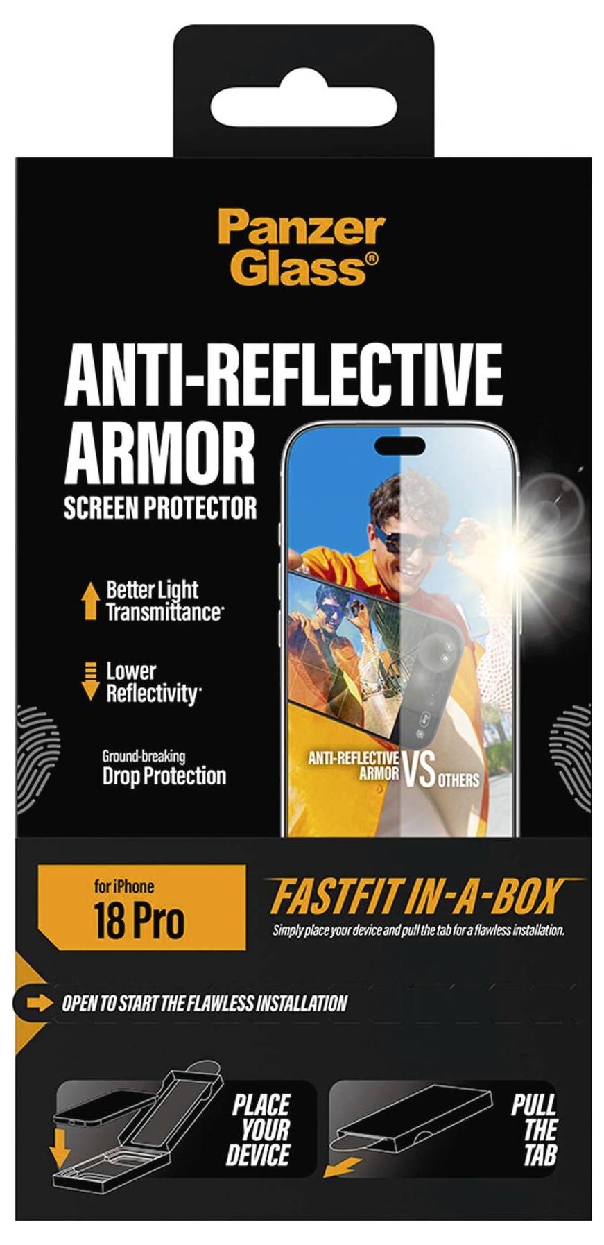 PanzerGlass anti-reflexiós páncélüveg képernyővédő iPhone 18 Pro-hoz, amely egy telefont mutat ütésállóság, jobb fénytovábbítás és gyors telepítés funkcióval.