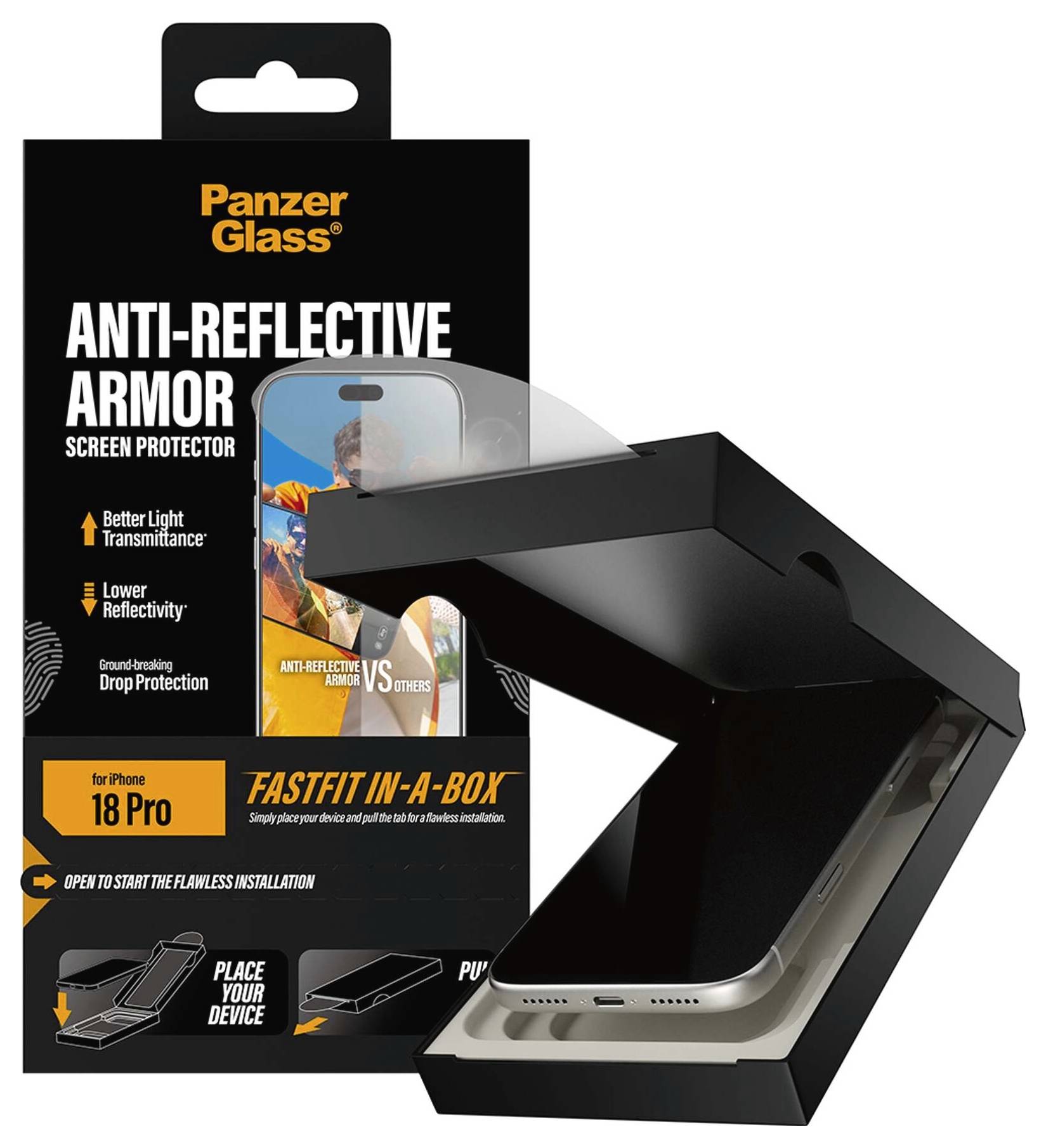 PanzerGlass Anti-Reflective Armor képernyővédő az iPhone 18 Pro számára, amely a gyors telepítési dobozt és a telefont az alkalmazó tokban mutatja.