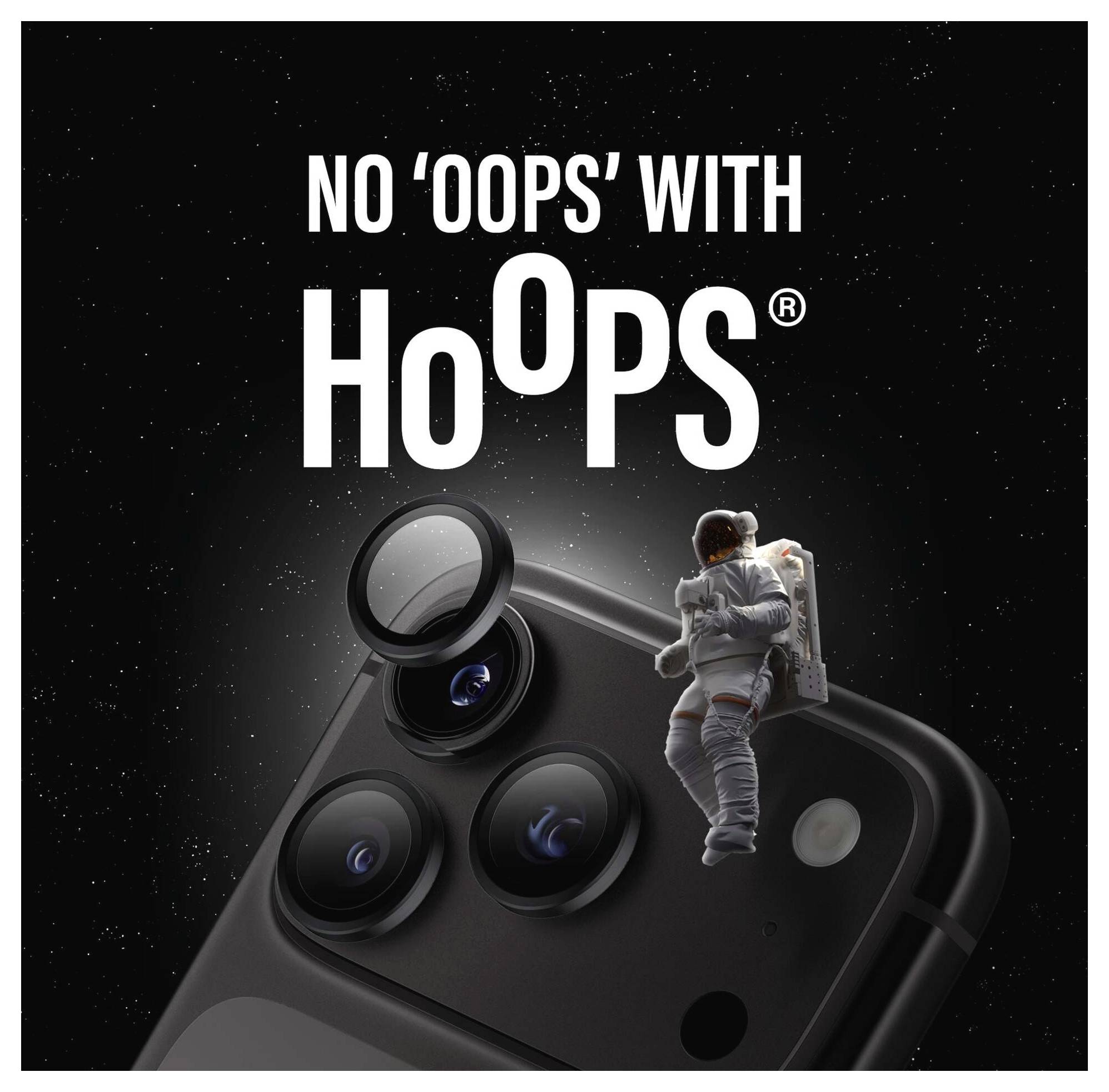 Egy astronauta promóciós grafikája, aki egy okostelefon kamerája felett lebeg, a „NO 'OOPS' WITH HoOps®" szlogans egy sötét, űrhöz hasonló háttéren.