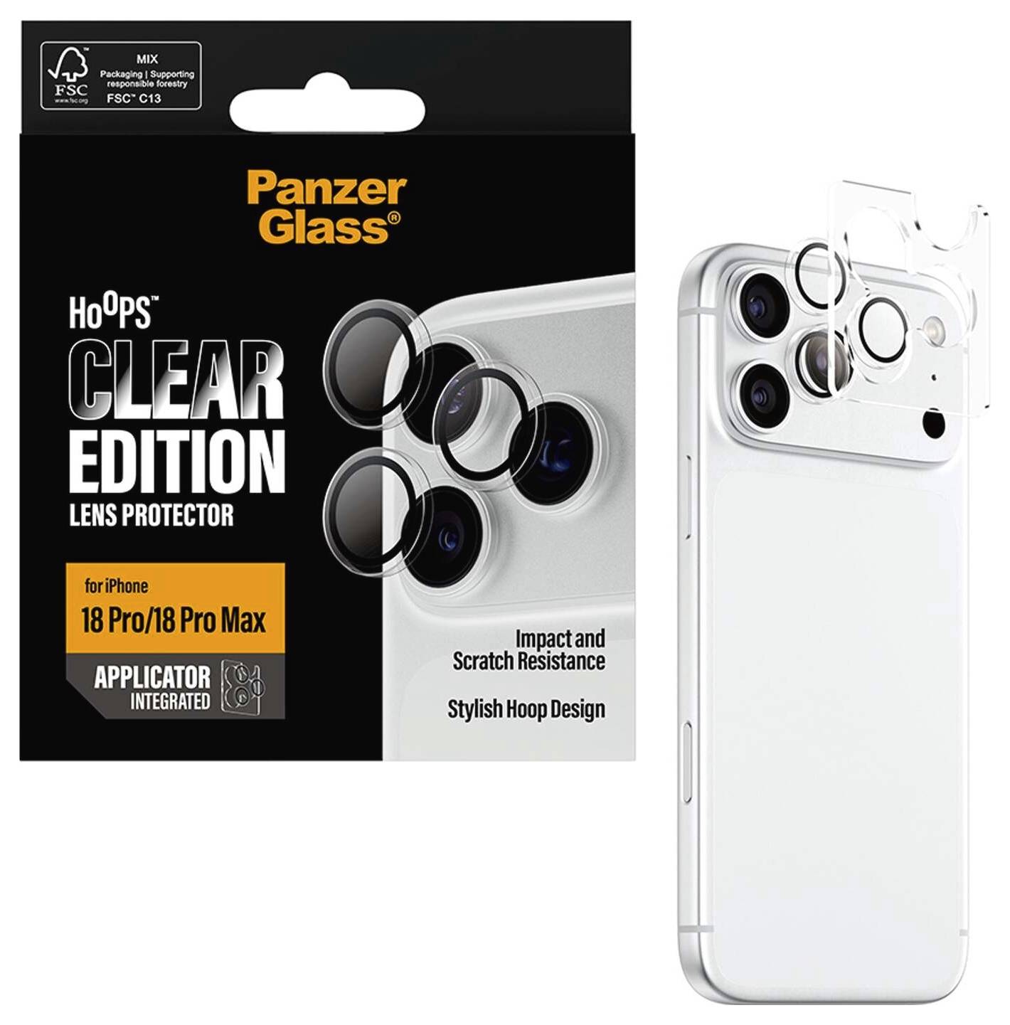 A PanzerGlass Hoops Clear Edition lencseprotektora iPhone 18 Pro/18 Pro Max számára készült csomagolása, amely ezüst telefonon átlátszó kerek kameralencse-borítókat mutat.
