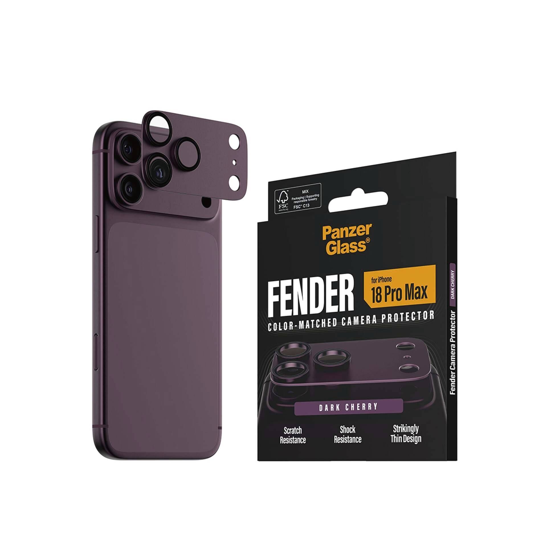 Sötét cseresznyeszínű PanzerGlass kameravédő az iPhone 18 Pro Max-hoz, amely a kereskedelmi csomagolása mellett látható.
